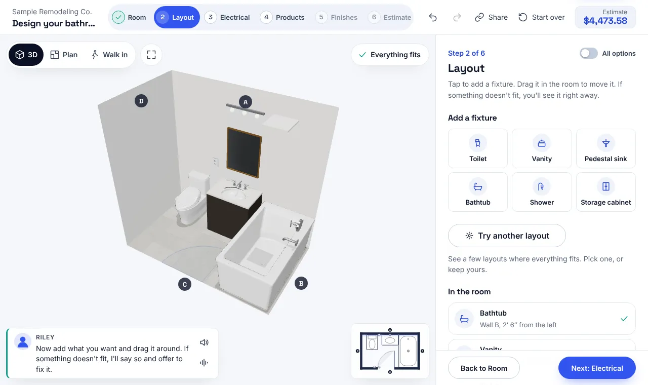 The designer's layout step: a 5 by 8½ foot bathroom in 3D with a vanity, toilet and bathtub along its walls, the six steps across the top, Riley's note under the room, the fixtures to add on the right, and the running estimate in the top corner.