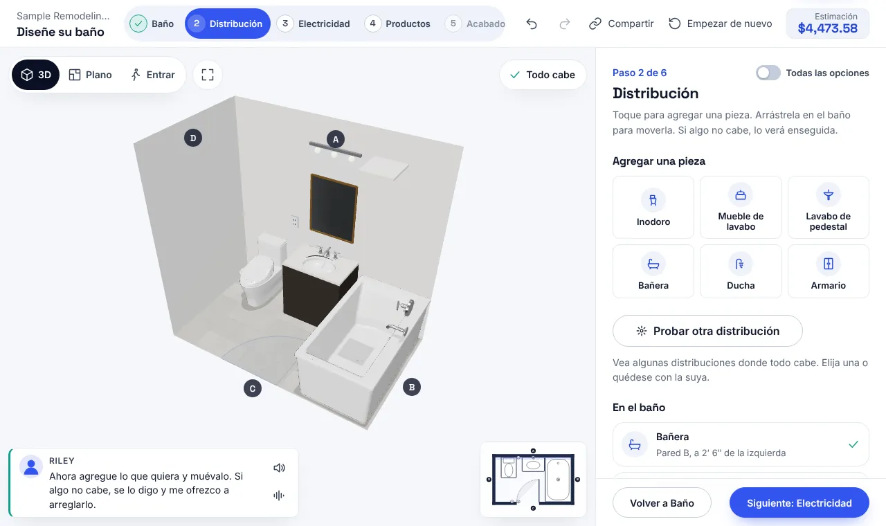 El paso de distribución del diseñador: un baño de 5 por 8½ pies en 3D con un mueble de lavabo, un inodoro y una bañera junto a sus paredes, los seis pasos arriba, la nota de Riley bajo el baño, las piezas para agregar a la derecha y la estimación actualizada en la esquina superior.